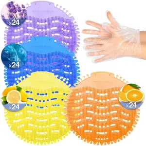 96 PACK Urinal Deodorizer Screen with 100 Gloves- Wave Anti-Splash Odor Protection Urinal Cakes for Men Toilets, Four Scents Urinal Mats