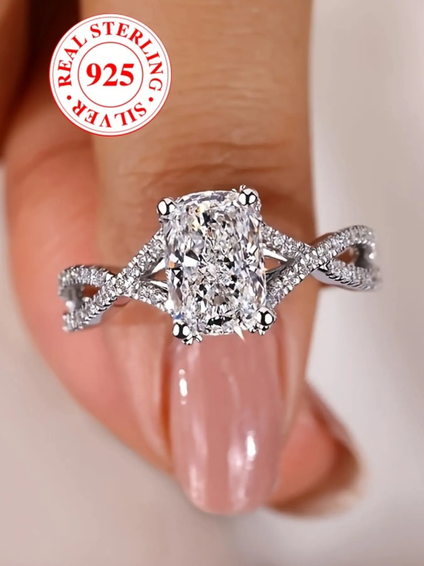 S925 Silver Color Ring with Rectangular Cubic Zirconia, Elegant Everyday Ring, Elegant Hollow Design for Women, Cubic Zirconia Rings, Beautiful Rings, Stylish Party Accessory with Gift Box