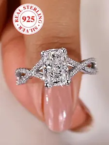 S925 Silver Color Ring with Rectangular Cubic Zirconia, Elegant Everyday Ring, Elegant Hollow Design for Women, Cubic Zirconia Rings, Beautiful Rings, Stylish Party Accessory with Gift Box