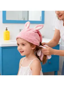 2 Pack Microfiber Hair Towel Wrap for Kids Super Absorbent Quick Dry Hair Turban Anti-Frizz for All Hair Types Large Drying Towel with Button Bathroom Towel Set