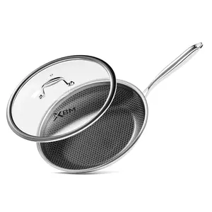 XBM Hybrid Nonstick 12-Inch Frying Pan with Tempered Glass Lid, Tri-Ply Stainless Steel Honeycomb Skillet with Healthy Ceramic Coating (PTFE/PFOA Free), Stay-Cool Handle, Induction Ready & Oven Safe， Cookware