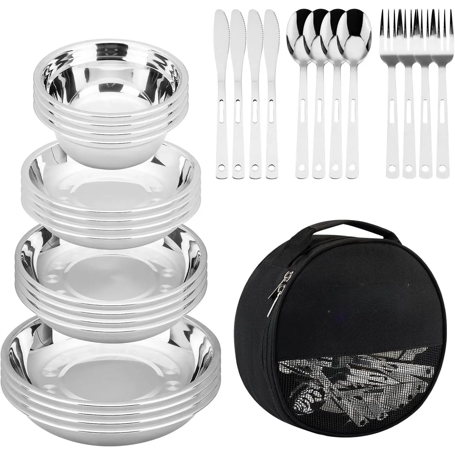 Camping Mess Kits - 28 count Camping Dinnerware Set Camping Gifts Camping cookware Sets Camping Accessories Camping Cooking Utensils Set Bowls, Plates, , Forks, Spoons