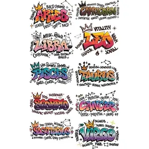 12 Zodiac Signs Graffiti Style DTF Transfer Bundle - Astrology Gang Sheet - Ready to Press DTF Transfers