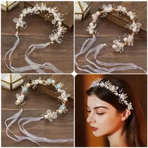 Princess Flower Crystal Headpiece Rhinestone Pearl Headband Alloy Floral Bridal Hair Accessories Communion Wedding Prom Photography For Female And Women