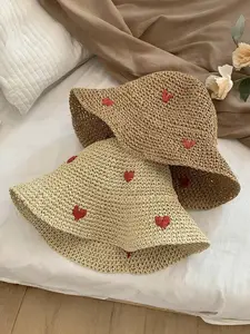 Women's Love Heart Pattern Wide Brim Sun Hat, Boho Style Foldable Sun Protection Breathable Sun Hat, Fashionable Sun Hat for Daily Wear