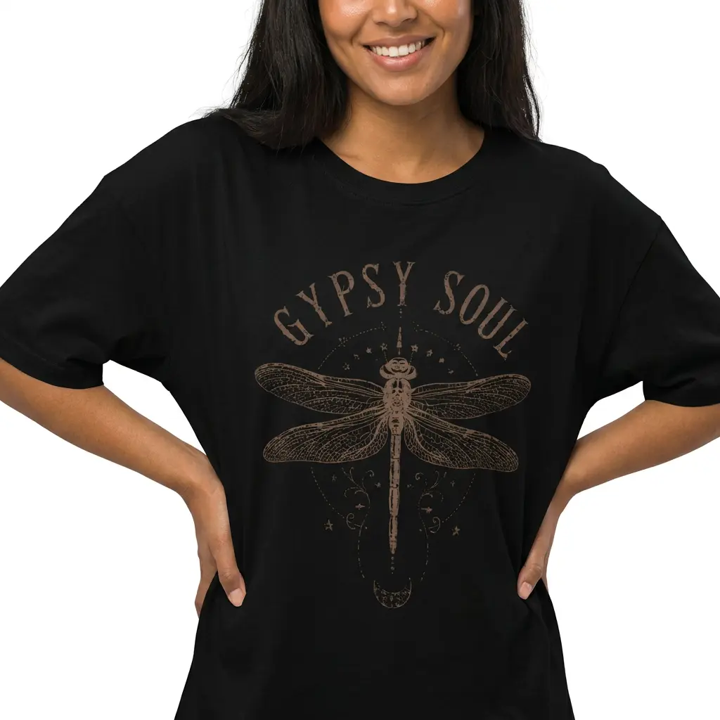Women's Plus Size Short-Sleeve Boho Dragonfly Graphic Tee - Aesthetic Vintage Mystical Gypsy Soul Top, Perfect for Pairing with Leggings, Denim, Casual Outfits., Shortsleeve, Comfortable, Everyday., Festival, Print, Round Neck