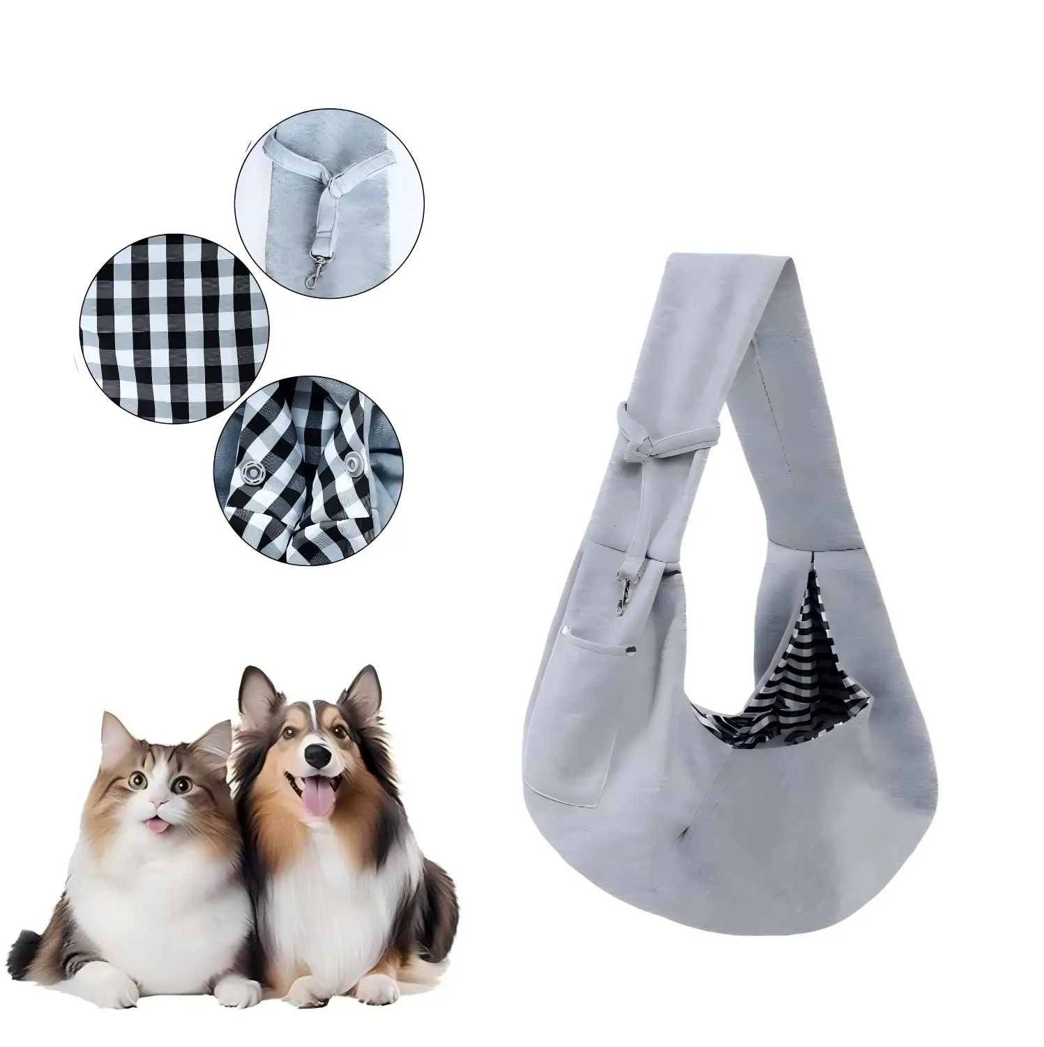 Hands-Free Plaid Fabric Dog & Cat Sling Carrier for Small-Medium Pets (Up to 15 lbs) - Breathable Cotton Pet Bag with Padded Shoulder Strap, Buckle, Button, Lightweight Portability for Outdoor Travel, Shopping, Adjustable Safety Hook, Convenient Storage P