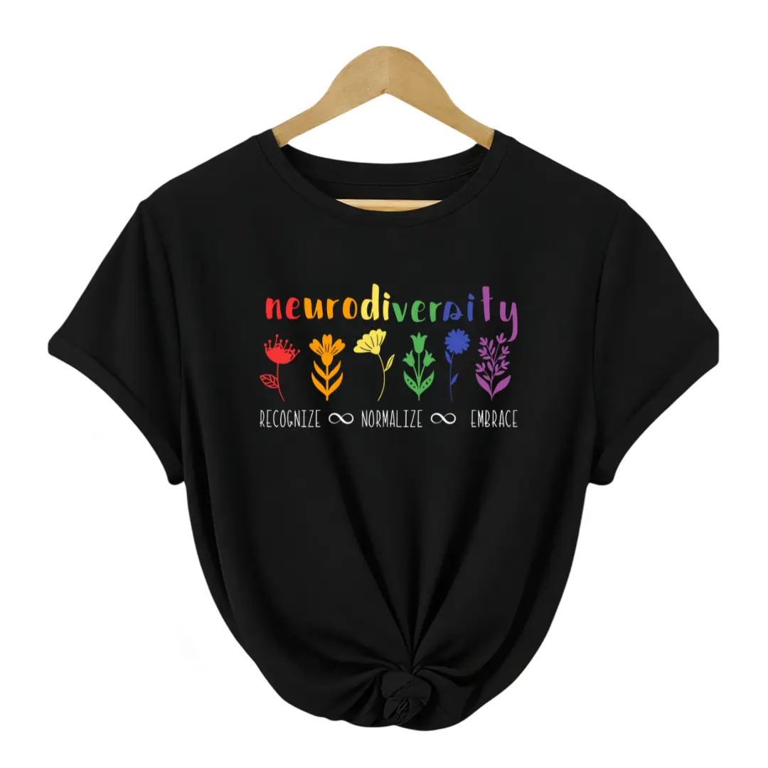 Neurodiversity Letter Print T-Shirt, Celebrating Various Ways of Thinking T-Shirt, Colorful Floral Print T-Shirt, Autism Awareness T-Shirt, ADHD T-Shirt, Autism Acceptance T-Shirt, Gifts for Special Education Teachers, Teacher T-Shirt