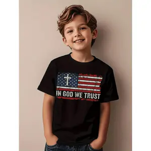 1pc Kids' American Flag Cross Print Black TShirt, Crew Neck, Casual Cotton Tee, Medium Stretch Knit Fabric, Regular Fit for Boys& Girls Children, Alphabet Pattern, for Spring/ Summer/ Fall Memorial Day, Independence Day, Labor Day