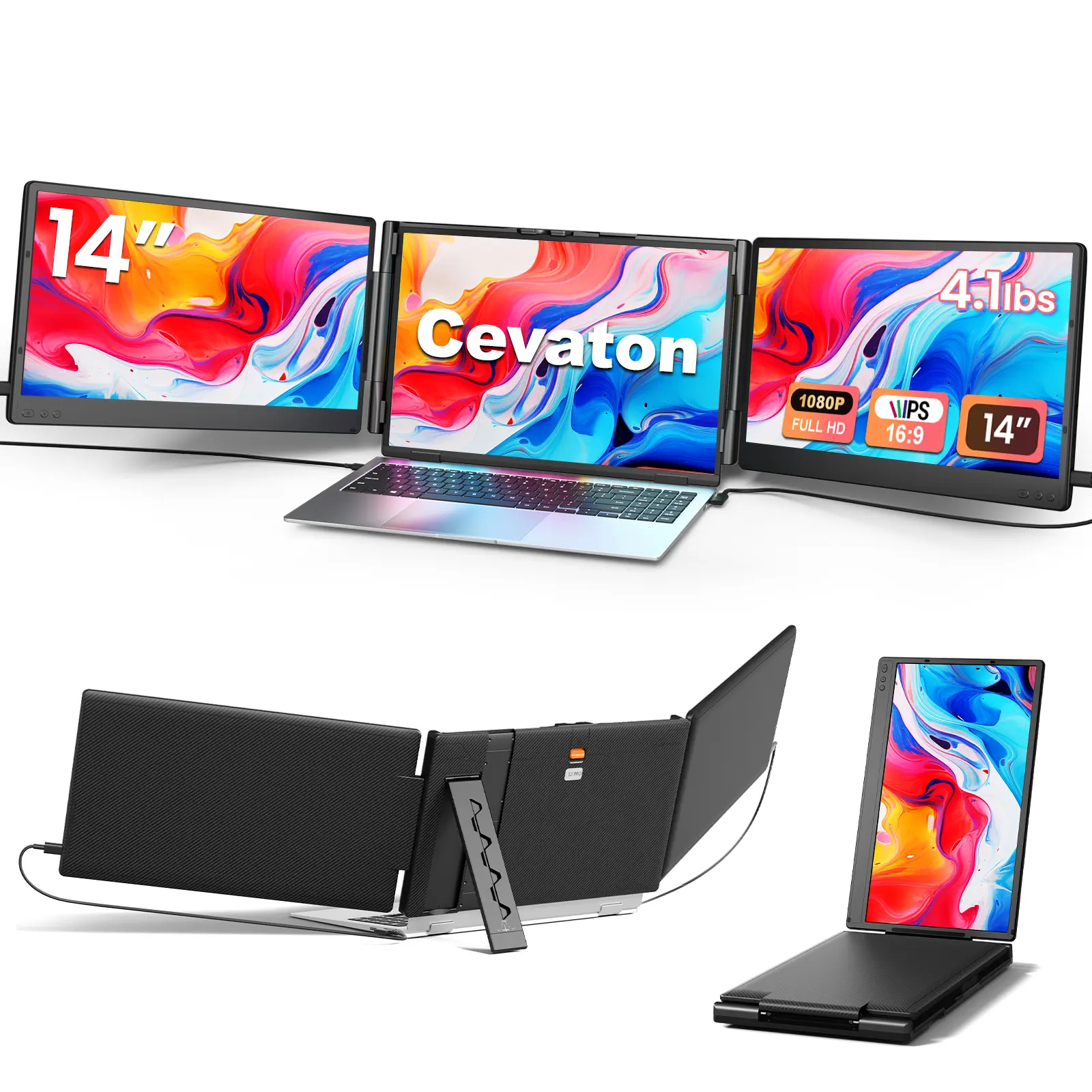 Cevaton 14" Portable Monitor for Laptop, Dual Laptop Screen Extender for 13.3"-17.3" Laptops, Dual Monitor Extender, 1080P FHD IPS, Foldable Width-Adjustable Design, Monitor Only, Dual Video Output Required, 4.1 lbs