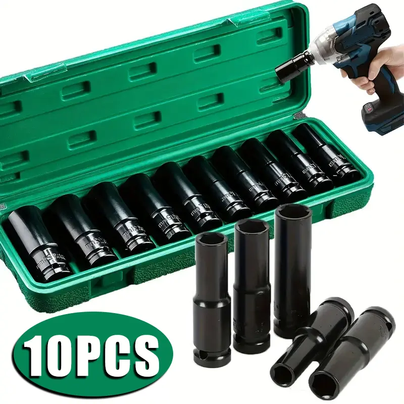 10pcs Heavy-duty 1/2 Inch Drive Impact Sleeve Set - Chrome Vanadium Steel, Rust Resistant And Wear-resistant, Polished Surface, Suitable For Garage Car Maintenance, Home Decoration Use