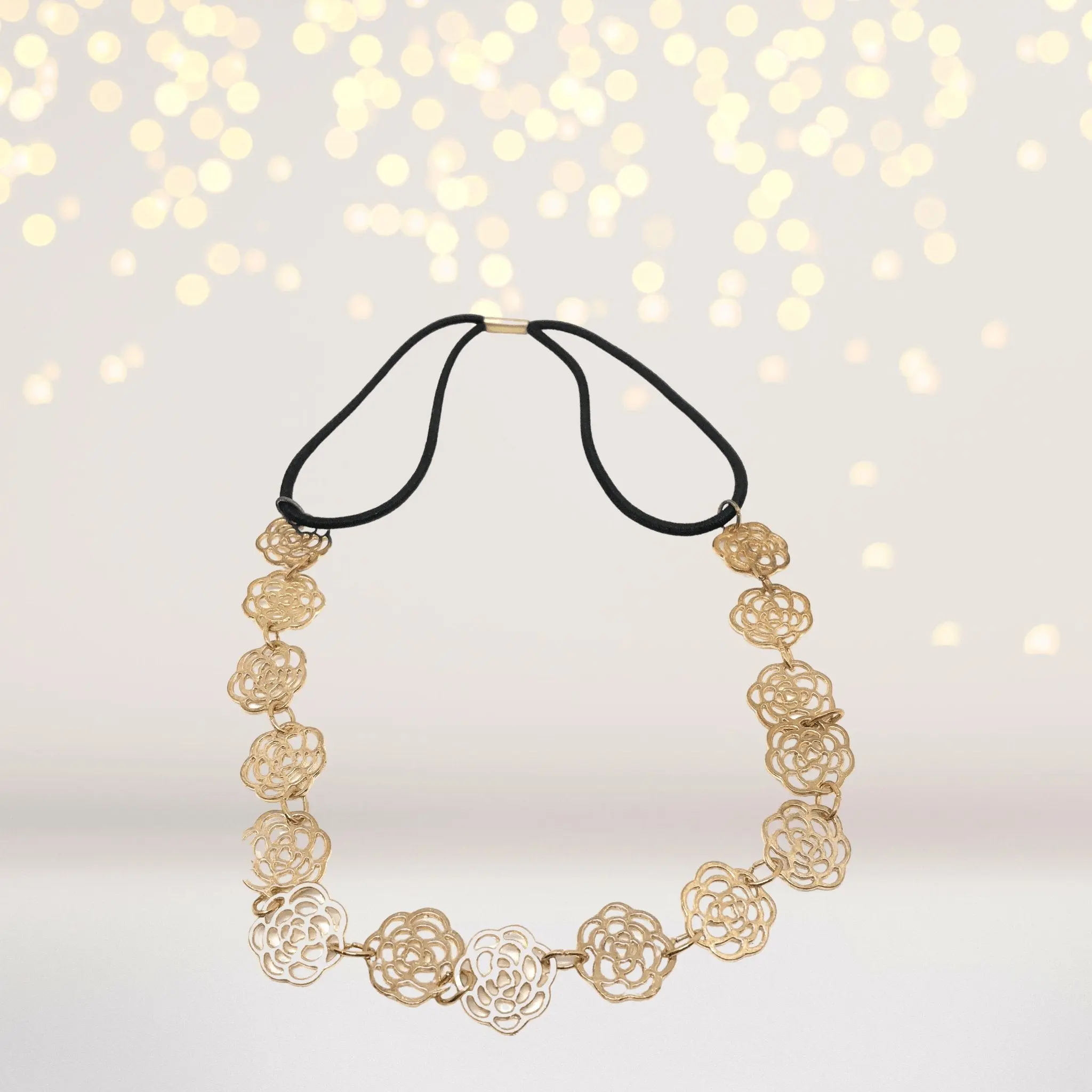 Women's Bohemian Golden Chain Flowers Headband - 18" Circumference Elastic Fit Everyday Fashion Hair Accessory (Note: Runs Slightly Small), Female, Floral, Gold Flower Charms, Hippie Era