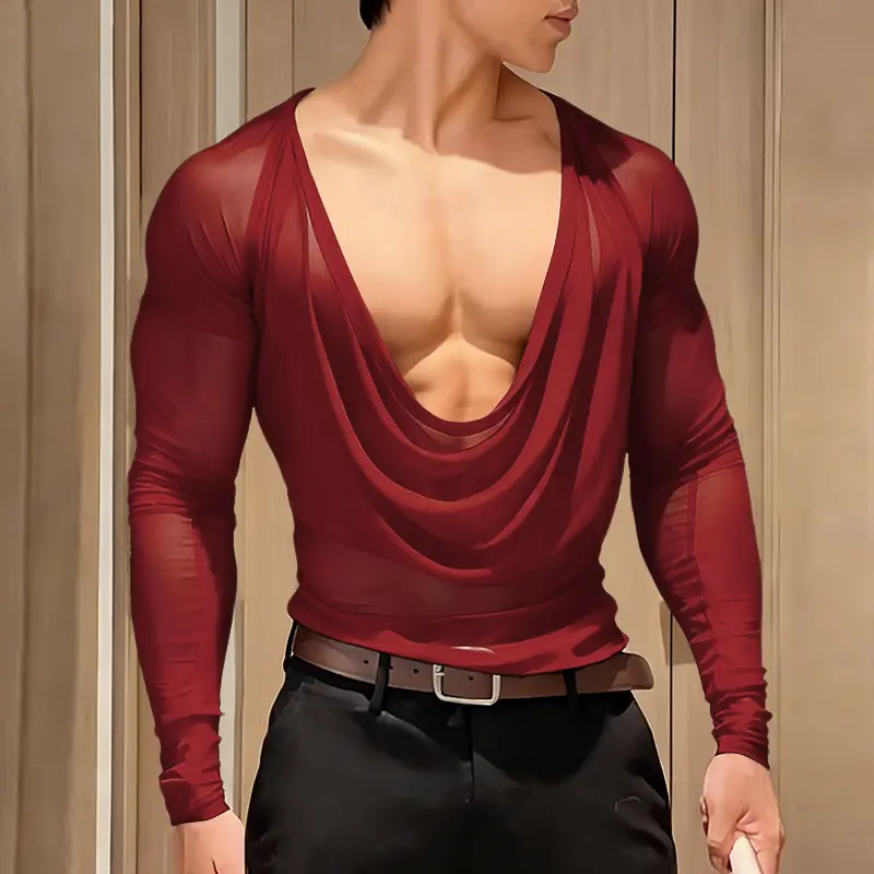 INCERUN Menswear Sheer Long Sleeve Drape T-Shirt - Soft Layered Mesh Fabric, Sexy Deep V Cowl Neck, Slim Fit Casual Top for Party, Clubwear