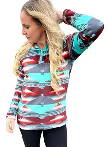Sterling Kreek Texas Rain Pullover Women's Lightweight Aztec Quarter Zip Fitted Long Sleeve Southwestern Style Winter Medium Length