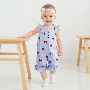 Little Girl 4th of July Jumpsuit Star Bow Print Striped Tie Shoulder Baby Toddler Girl Overall Shorts