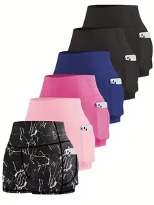 6-pack Plus Size Women'S Sports Shorts High Waist Hip Lifting Yoga Shorts With Pocket Three-quarter Pants Gym Running Exercise Fitness Shorts