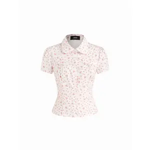 Cider 100% Cotton Ditsy Floral Lace Trim Ruched Button Short Sleeve Blouse