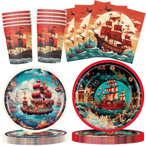 50-Piece Pirate Theme Birthday Party Decoration Set for 10 Guests, Includes Pirate Plates, Napkins, Cups, Treasure Theme Party Supplies