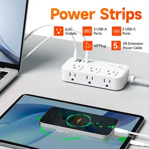 6-Outlet Surge Protector: 4 USB (2 USB-C), 5ft Flat Braided Cord - Compact for Home/Office/Dorm/Travel