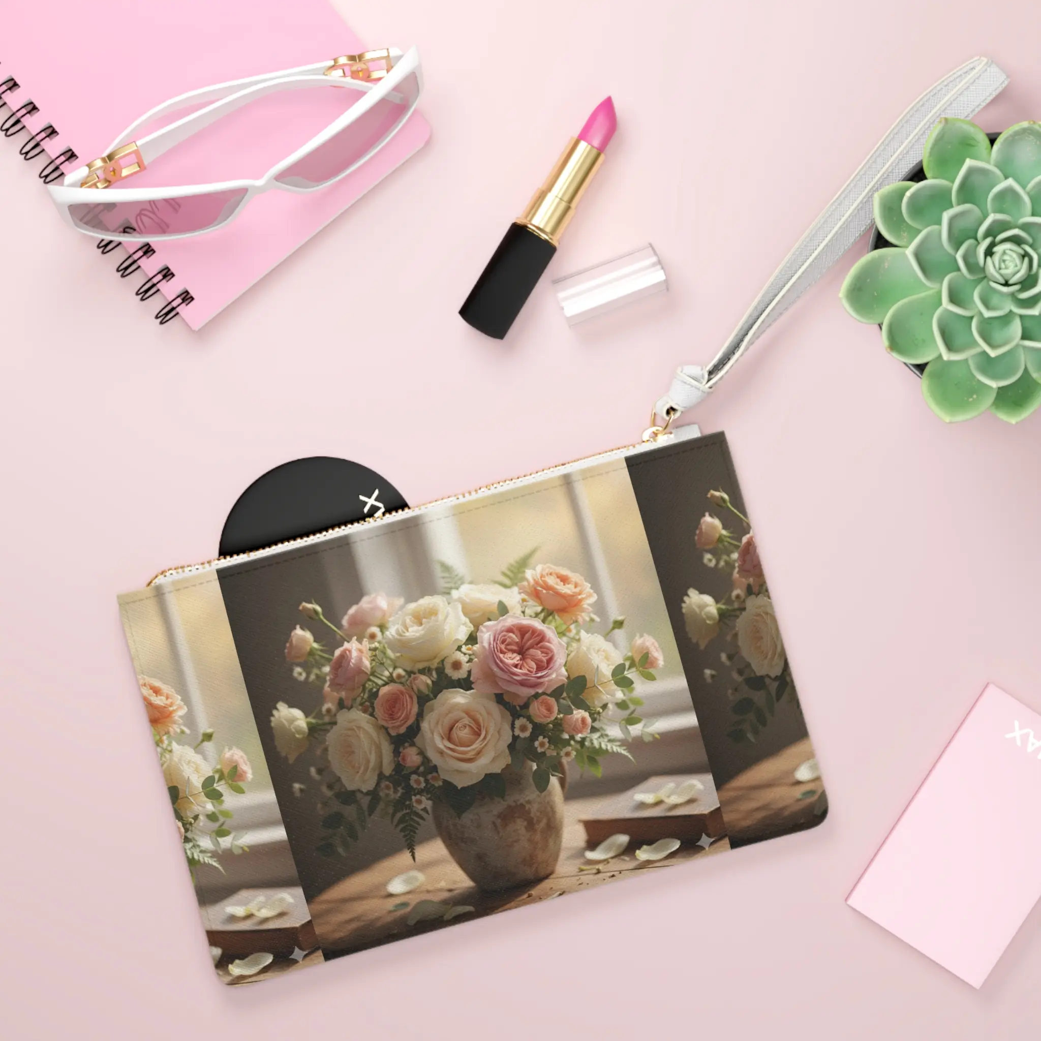 Vintage Rose Bouquet Clutch Bag | Floral Vase Print, Neutral Tones