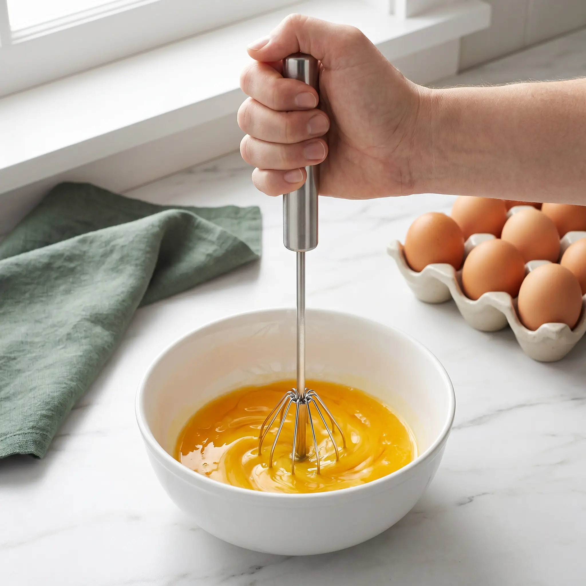 Compact Stainless Steel Semi-Automatic Push Hand Whisk - Kitchen Gadgets, Egg Beater, Kitchen Metal Utensil, Easy to Hang for Storage, Baking & Coffee Milk Foam Stirring Tool, Manual Semi-Automatic Push Design
