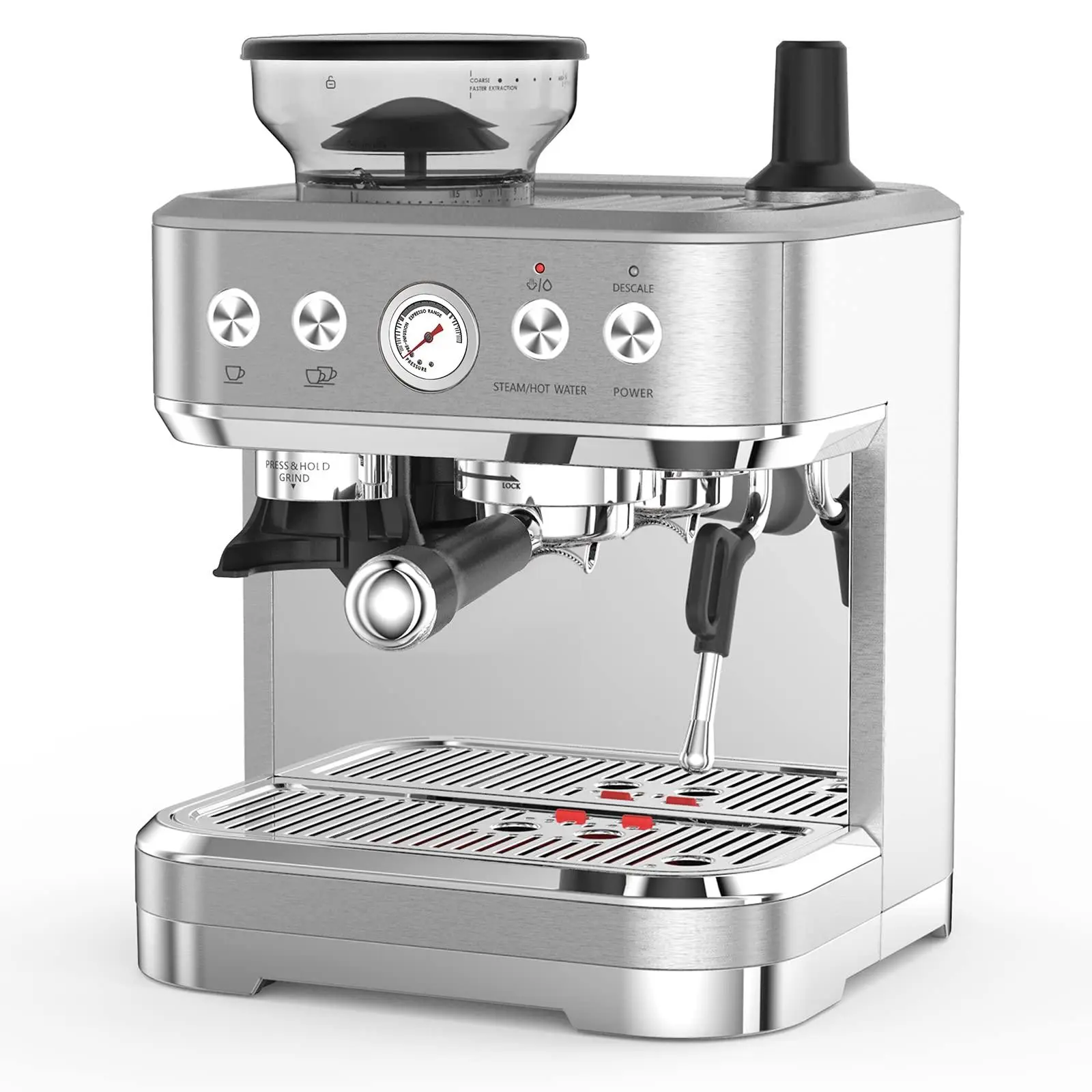 GARVEE Stainless Steel Espresso Machine with Milk Frother, Grinder, 15-Bar Pump, 58mm Sieve Handle, 15 Adjustable Grind Levels, 2.3L Removable Tank, Cappuccino Latte Maker