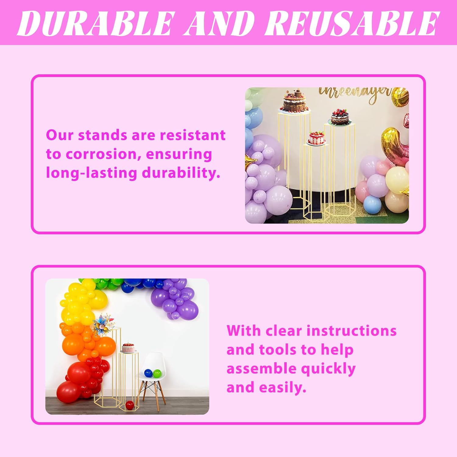 3PCS Cylinder Pedestal Stands for Parties, Hexagon Gold Metal Plant Round Cylinder Stands for Party Flowers, Display Columns Pedestal Stand Cylinder Tables for Vases Birthday Party Backdrop Decorations