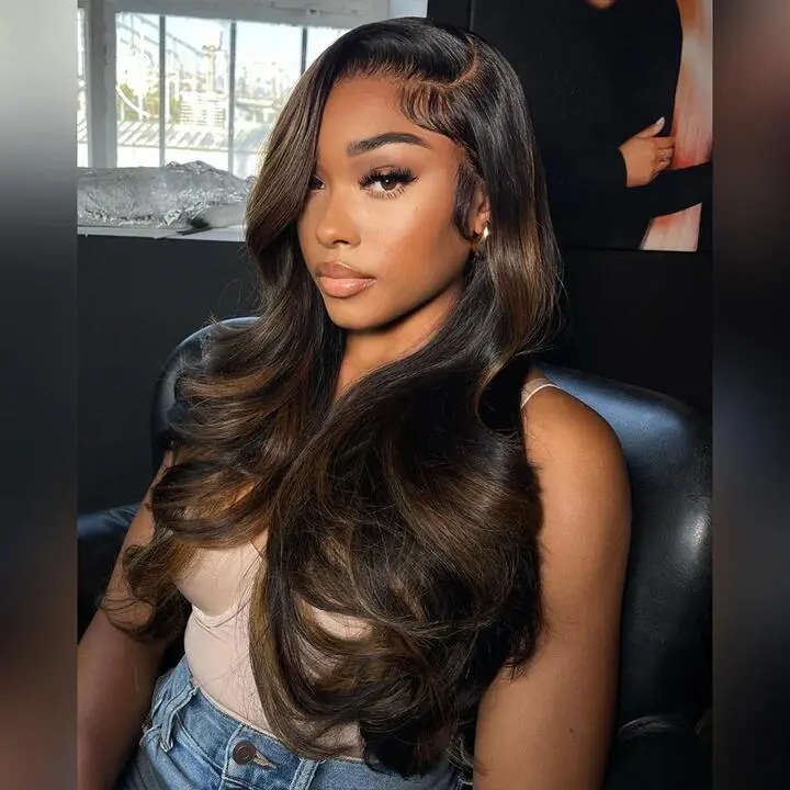 Honey Brown and Black Highlight Body Wave Human Hair Wig 13x4 HD Lace Frontal Wigs Brown and Black Colored 180 Density Pre Plucked for Women