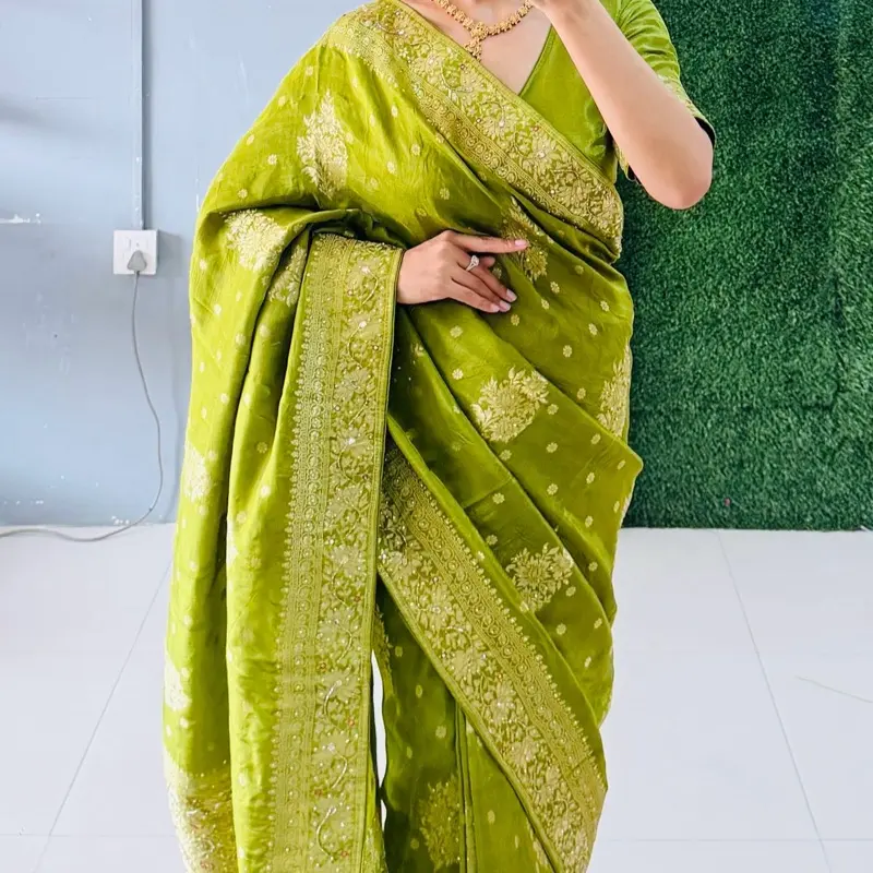 Women's Readymade Banarsi Silk Blend Saree with Matching Blouse