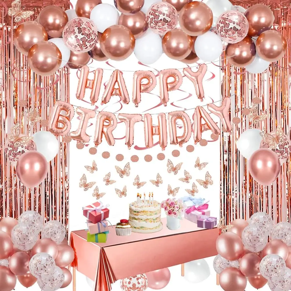Rose Gold Women's Happy Birthday Party Decoration Set - Home Supplies with Photo-Worthy Metallic Banner, Fringe Curtains, 54in*72in Foil Tablecloth, Confetti Balloons, 66ft Butterfly Wall Decor - Festive Gift for 18th,21st,30th,40th,50th Parties, Circle