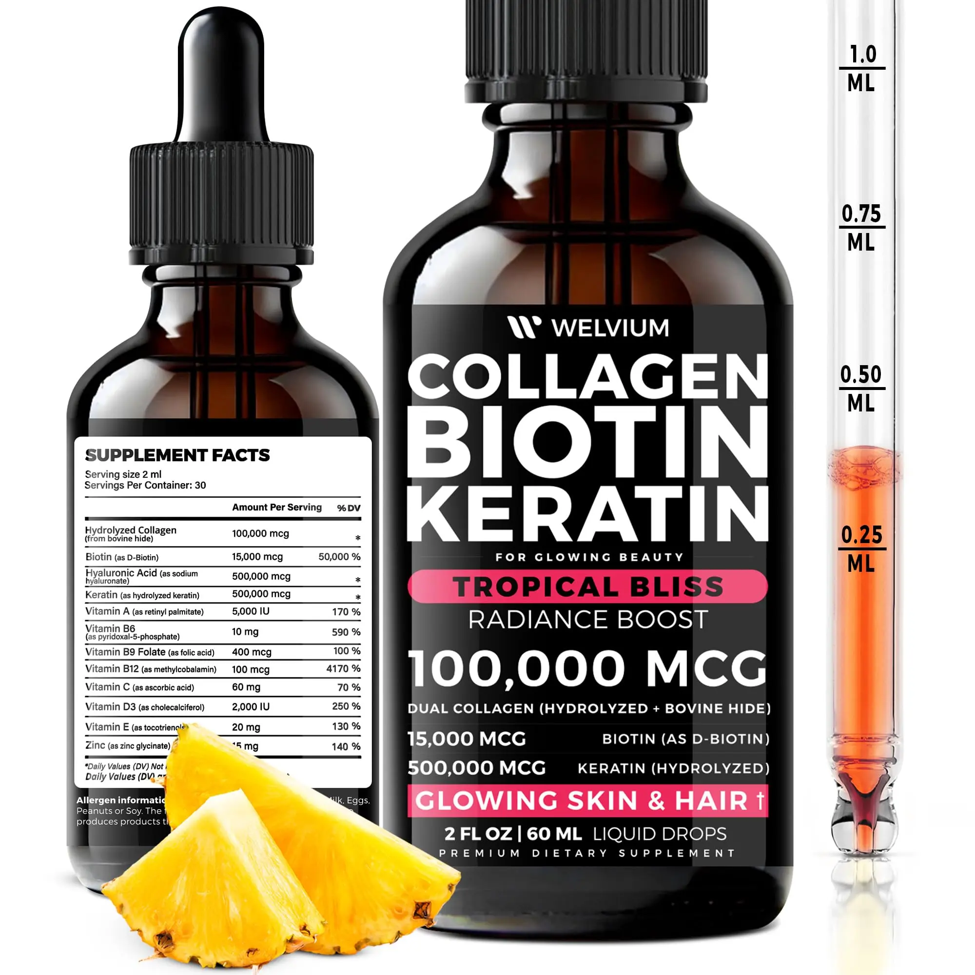 WELVIUM Liquid Biotin + Collagen Complex with Keratin, Hyaluronic Acid, Zinc & Vitamins for Hair Growth, Skin & Stronger Nails Healthcare Supplement Fitness Dietary Edible Dietary Optimum Tropical Beauty