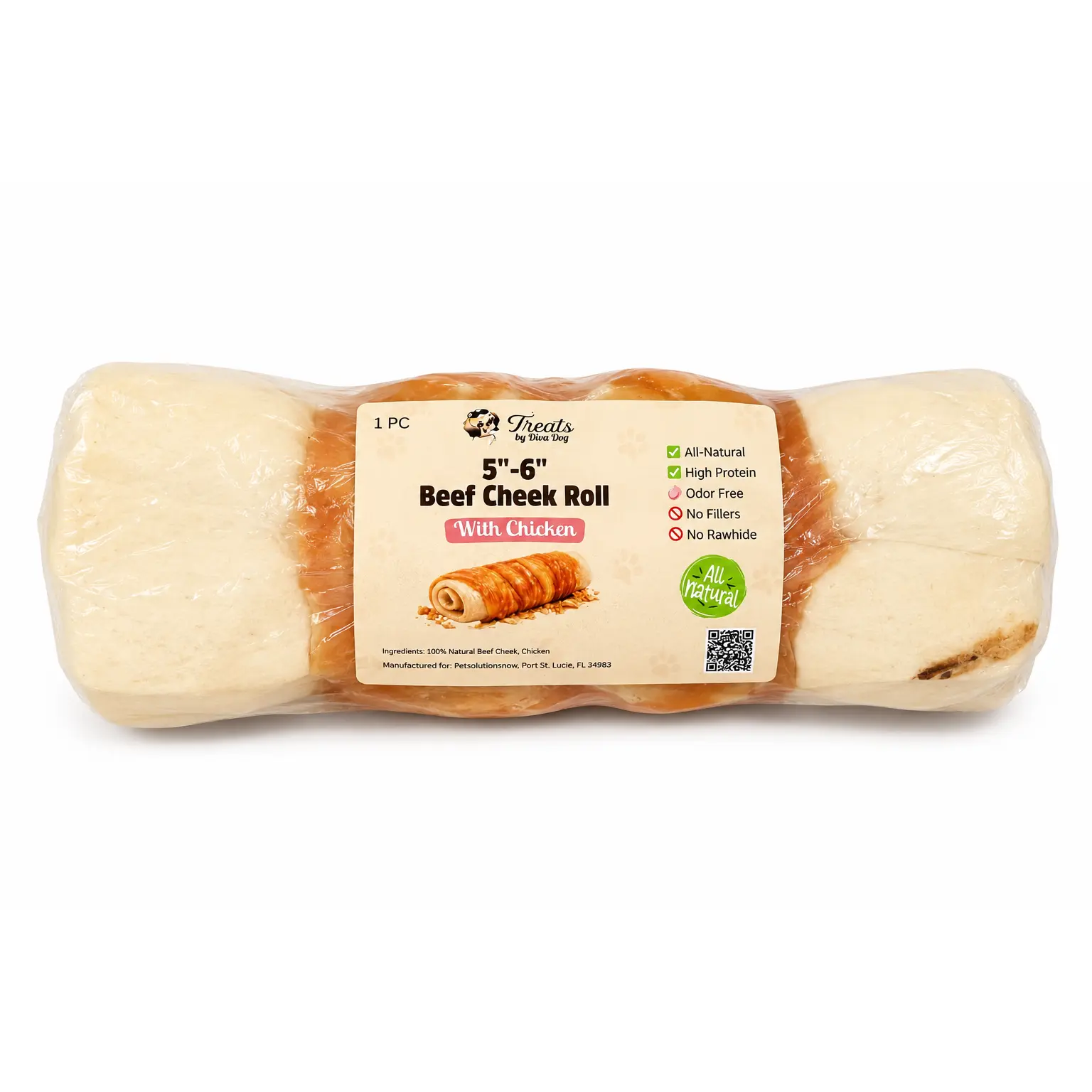 5”-6” Beef Cheek Roll Wrapped with Chicken | Long Lasting Natural Dog Chew | Treats by Diva Dog