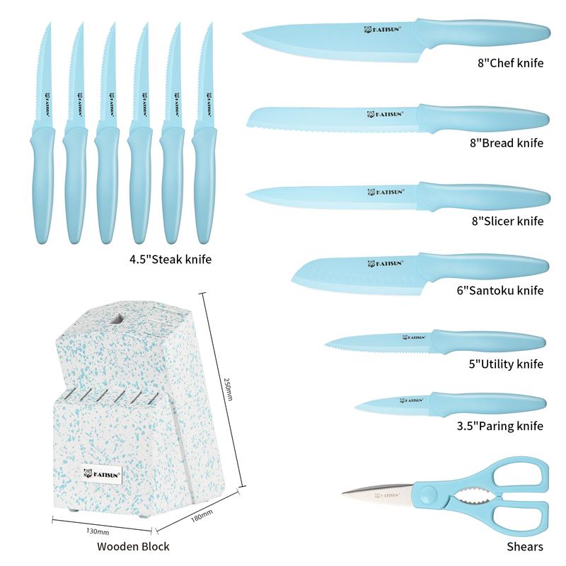 14 Pieces Blue Kitchen Knife Block Set , Anti-Rust Color Titanium Coated Carbon Steel, 12 Knives with Kitchen Shears and Block, Dishwasher Safe,TikTokShopBlackFriday