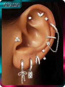 ORAZIO Small Hoop Stud Earrings Stacks for Women 14K Gold Plated Silver Huggie Hoops Cartilage Hypoallergenic Chain Cute Dangle Earrings Set for Multiple Piercings Jewelry