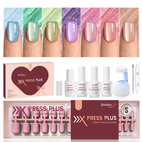Beetles X Press Gel Press on Nails - Fizz Aurora-S-Squoval Shimmer Shift Set, 7-Color Spring Cat Eye Nail Art Extensions, 224Pcs 16-Size 0-15 Custom Fit DIY Home Kit with Apply Glue for Women, Decorative Outdoor Gift