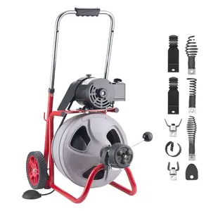 Drain Cleaning Machine With 100 Ft Auto Feed Sewer Snake, 3/8 Inch Cable, Wheel Mounted Portable Drain Auger, Includes 8 Cutters and Air Activated Foot Switch For 2 To 4 Inch Pipes, Residential And Commercial Plumbing