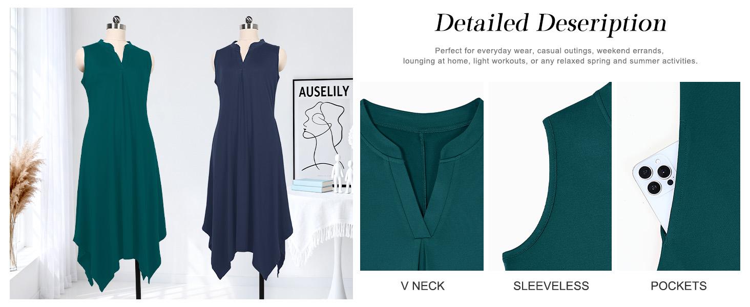 AUSELILY Summer Dresses for Women 2026 Casual Sleeveless Sundress Asymmetrical Hem Tank Midi Dress with Pockets SpringStatements