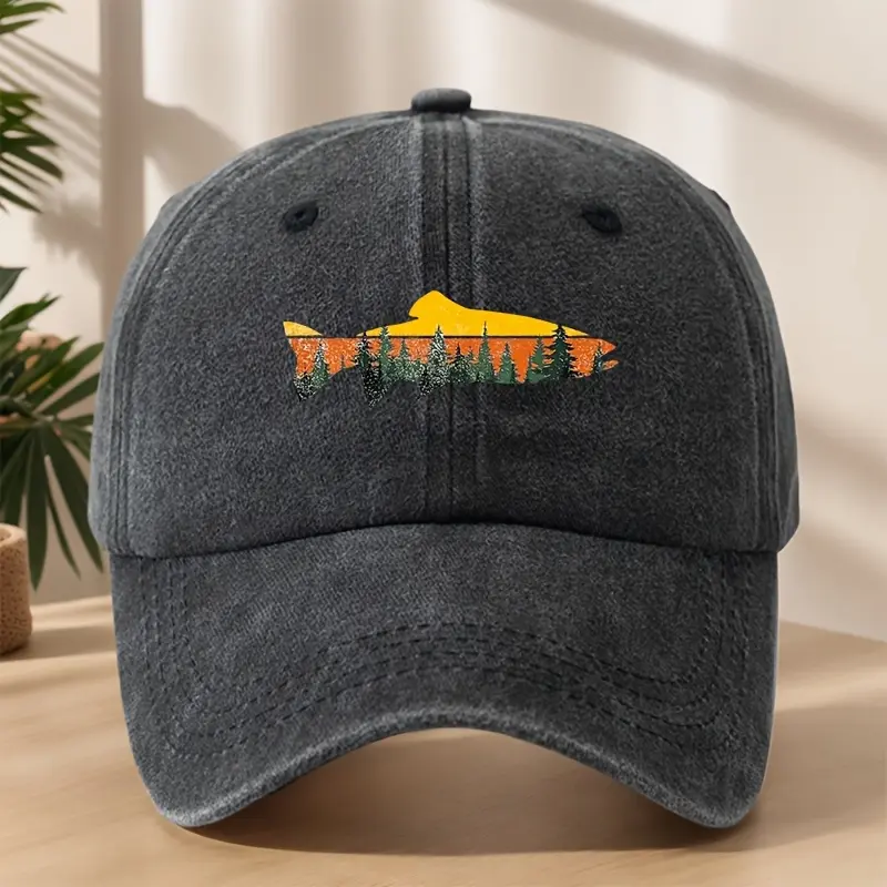 Men's Retro Washed Fish Print Unisex Cap - Soft Breathable Cloth, Adjustable, One Size Fits Most Adults for Fishing, Hiking