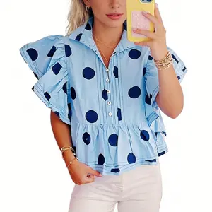 Asvivid Women‘s Polka Dot Print Ruffled Short Sleeve Buttoned Collared Blouse Tops Casual Shortsleeve Shirts Top Womenswear Sky Blue