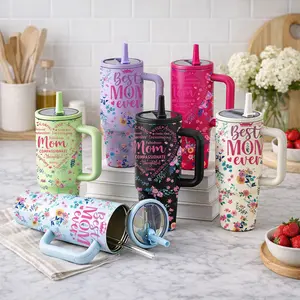 Mother's Day 40oz Insulated Tumbler with Handle and Straw Lid, Vacuum Flask, Floral Mom Gift Travel Mug, Double Wall Vacuum Stainless Steel Cup, Leakproof Lid, Keeps Drinks Hot and Cold for Hours, for Mom, Wife, Birthday Holiday Gift