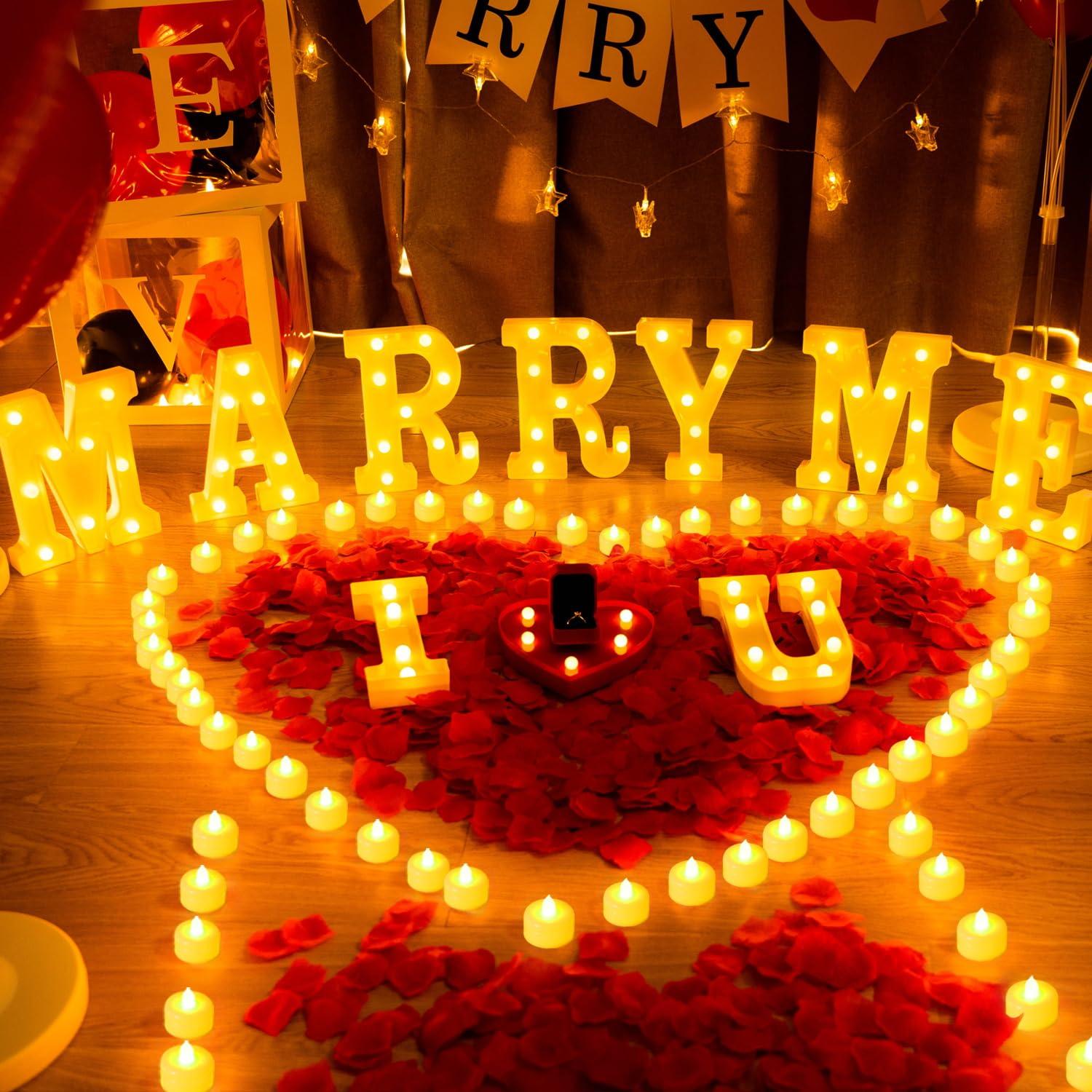 【Mother's Day 】I Love U Light Up Letters Proposal Decorations, I Love U Sign with 24Pcs Flameless Candles 1000Pcs Red Fake Rose Petals 30Pcs Red Balloons for Valentine's Day Wedding Proposal Romantic Night