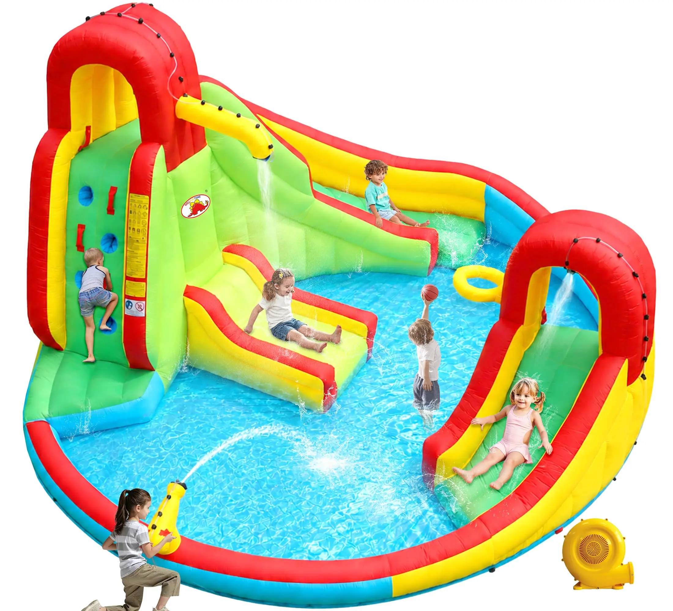 9-in-1 Inflatable Water Slide Park Bounce House with Dual Slides & Blower, 165x165x90.5 in, Outdoor Summer Party Castle for Ages 3-10