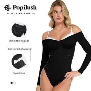 The Popilush Long Sleeve Cold Shoulder Shapewear Bodysuit