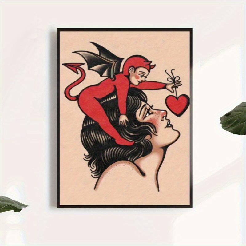 1pc "Love Is Evil" Tattoo-Style Canvas Poster, Unframed Wall Art Print, Festive Gift for Halloween, Bedroom, Living Room, Cafe Decor, Home & Dormitory, Easy to Hang Canvas Wall Painting