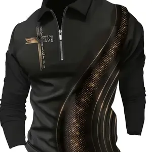Fashionable men's geometric printed long sleeved shirt - easy to iron, zipper lapel design, suitable for autumn casual wear