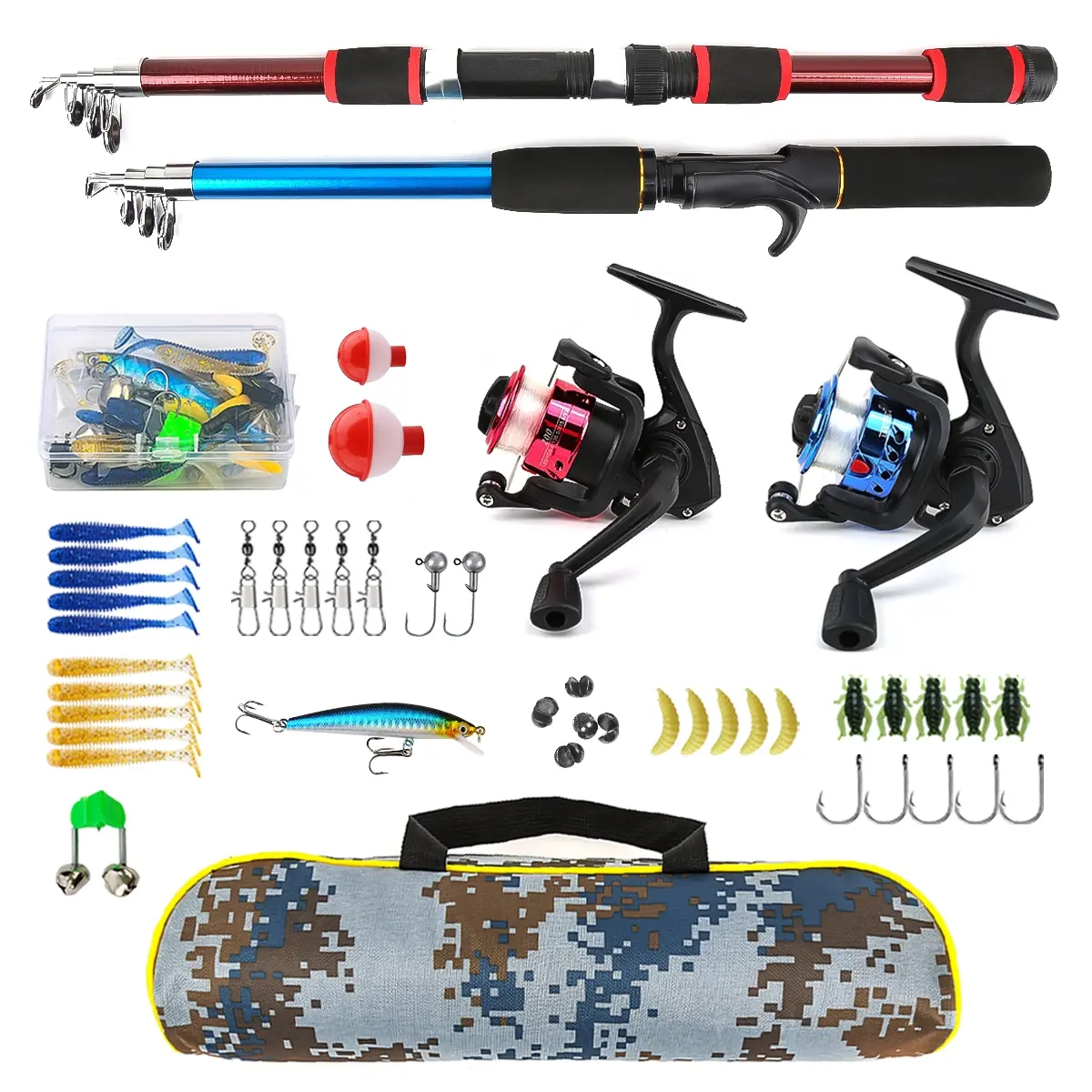 Double Rod Fiberglass Fishing Tackle Set, Fishing Gear Set, Retractable Rods with Dual Color Reels, Includes Lures Hooks Accessories, Portable Bag Included