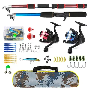 Double Rod Fiberglass Fishing Set, Retractable Rods with Dual Color Reels, Includes Lures Hooks Accessories, Portable Bag Included