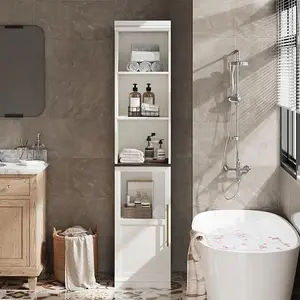 70" Slim Vertical Tall Narrow Storage Cabinet - Engineered Wood Freestanding Floor Cabinet with Door, Open Shelving, Anti-Tip Safe for Bathroom, Kitchen (White)