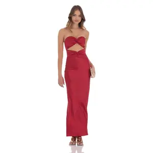 Satin Twist Cutout Maxi Dress in Red