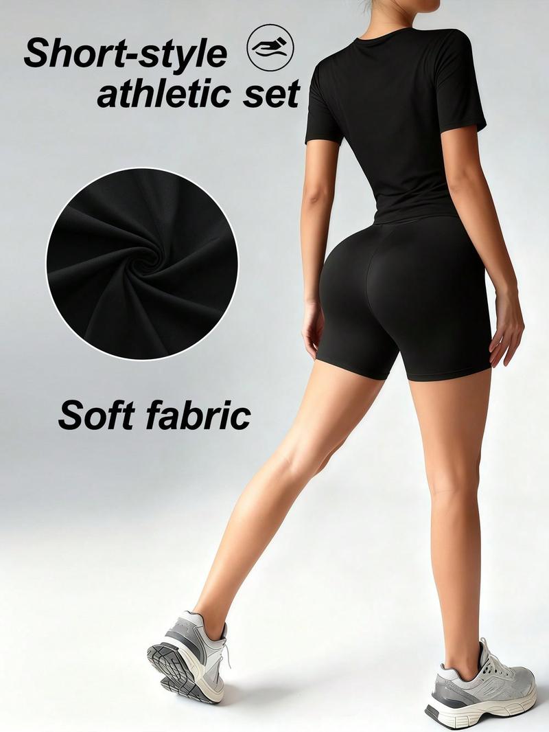 2 Piece Set Of Women's Solid Color Round Neck T-Shirt, High Waisted Cycling Shorts Sports Suit, Tight Short